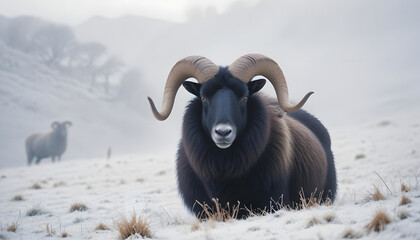 A black sheep with impressive curved horns.
