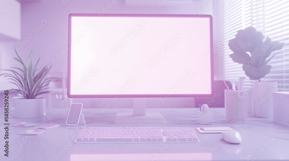 Poster pastel-toned workspace interior with empty computer screen.