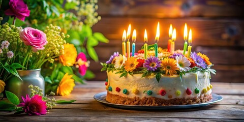Colorful birthday cake with multiple candles lit, surrounded by greenery and flowers on a wooden table , colorful