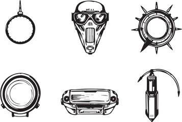 Set of futuristic elements, ornaments, icons, cyberpunk. Hand drawn vector illustration
