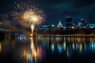 Captivating fireworks illuminate the night sky over a vibrant city skyline reflecting on serene waters during a summer celebration