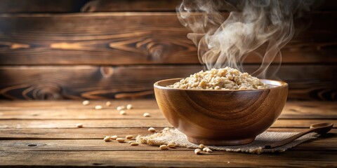 A steaming bowl of oatmeal on a wooden table , table, bowl,  table