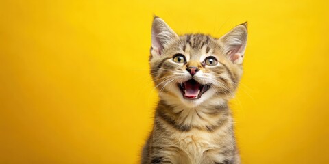 Laughter of a playful kitty on a sunny yellow background, cute, pet,  cute, pet, animal, sunshine, funny, happy