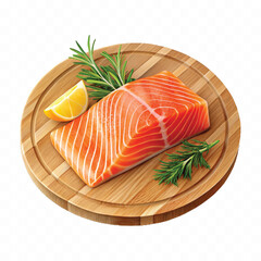 realistic slice of raw salmon on wooden board isolated white or transparent background