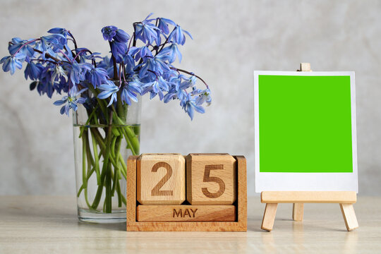 Wooden calendar for 25 may with blue scilla flowers and photo frame with chroma key green screen