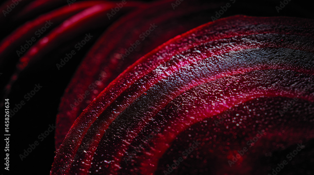 Poster close up of deep redness textured sliced beet showcasing concentric rings.