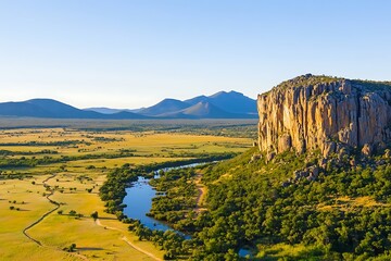 Obraz premium Majestic Mountain Vista River Valley and Dramatic Cliff Face Landscape