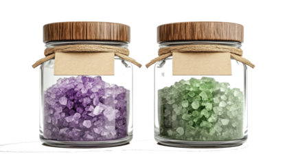 Glass jars of purple and green crystals sealed with rustic wood lids and string