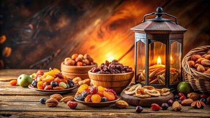 A colorful arrangement of dried fruits and assorted nuts on a wooden table, with a vintage-style lantern in the background, creating a warm and cozy atmosphere , composition, assorted nuts