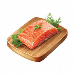 realistic slice of raw salmon on wooden board isolated white or transparent background