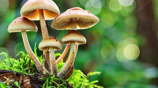 Clusters of mushrooms thrive on a decaying log, surrounded by vibrant green moss, illuminated by the soft light of the morning sun filtering through the forest.