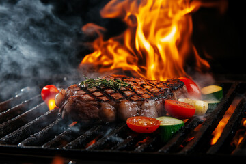 Delicious roasted steak meat and vegetables on the grill grate. Tasty meat steak and tomatoes fried on fire. Meat restaurant menu.	