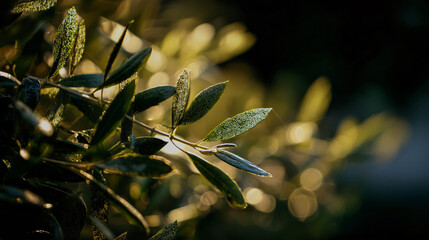 Close up of olive tree leafage illuminated by sunshine