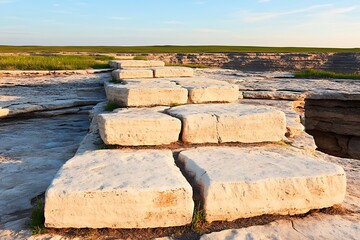Stone Steps Leading to Scenic Prairie Landscape at Sunset Ancient looking stone pathway over a ravine