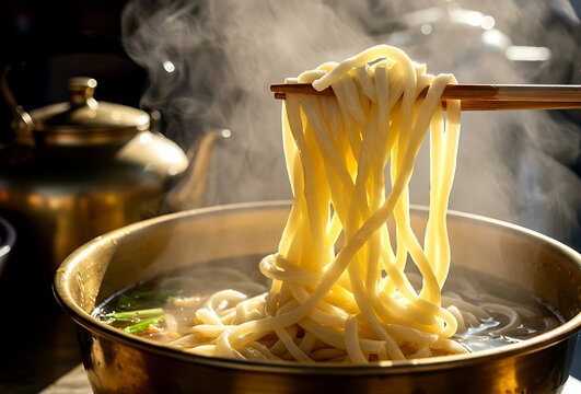 Tibetan thenthuk hand-pulled noodle soup in brass bowl