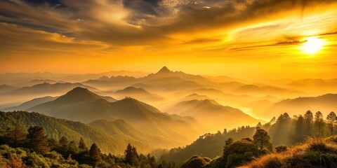 Obraz premium A serene mountain landscape at sunset with a golden smoky sky and muted earth tones, sun, golden hour, sun