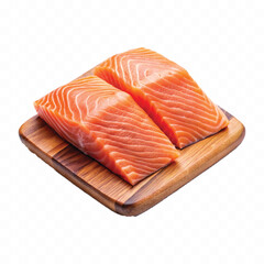 realistic slice of raw salmon on wooden board isolated white or transparent background