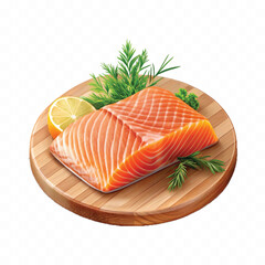 realistic slice of raw salmon on wooden board isolated white or transparent background