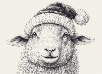 Fototapeta premium Pointillist Illustration of Sheep in Santa Hat