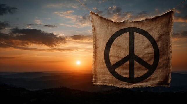 Sunset Peace Symbol: Rustic Burlap Banner Against a Vibrant Sky