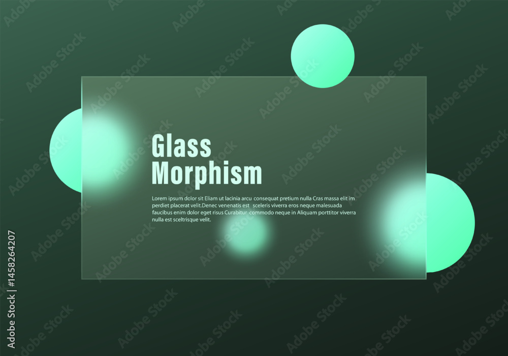 Poster minimal glassmorphism layout with translucent panel and glowing green spheres on a dark background. 