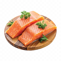 realistic slice of raw salmon on wooden board isolated white or transparent background