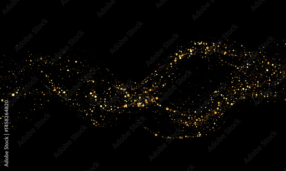 Poster dynamic wave of golden glowing particles forming an abstract curve on a black background. luxurious 