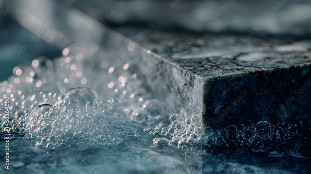 Poster close up of water control surface with bubbles and a marble bound in a pool.