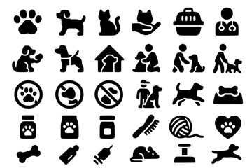 Pet, service animal icon set. Vector glyph pictograms of dog, cat, paw print, carrier, veterinary care, adoption, training black silhouette illustration.