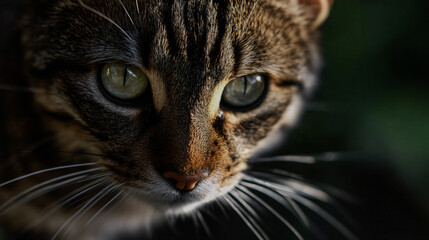 Close up portrait of a brown and black striped cat, captured in natural light with mellow resolution detail