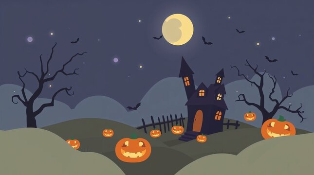 Whimsical Halloween illustration featuring glowing jack-o'-lanterns, a spooky haunted house, full moon, bats, and eerie trees on rolling hills.
