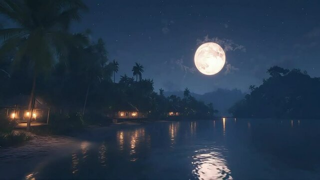 Nighttime moonlit lake landscape with silhouette trees