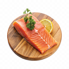 realistic slice of raw salmon on wooden board isolated white or transparent background
