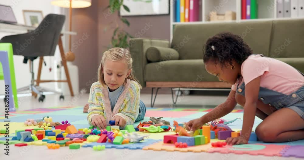 Aufkleber building blocks, children and friends on floor in home for cognitive development or creativity. lear
