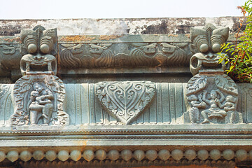 View of erotic carvings on the top panel of Ramalayam, Dichpalli, Nizamabad, Telangana, India.