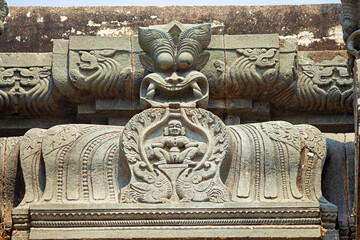 View of erotic carvings on the top panel of Ramalayam, Dichpalli, Nizamabad, Telangana, India.