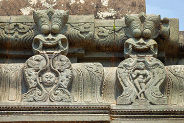 Ancient carving with Kirtimukha on the top panel of Ramalayam, Dichpalli, Nizamabad, Telangana, India.
