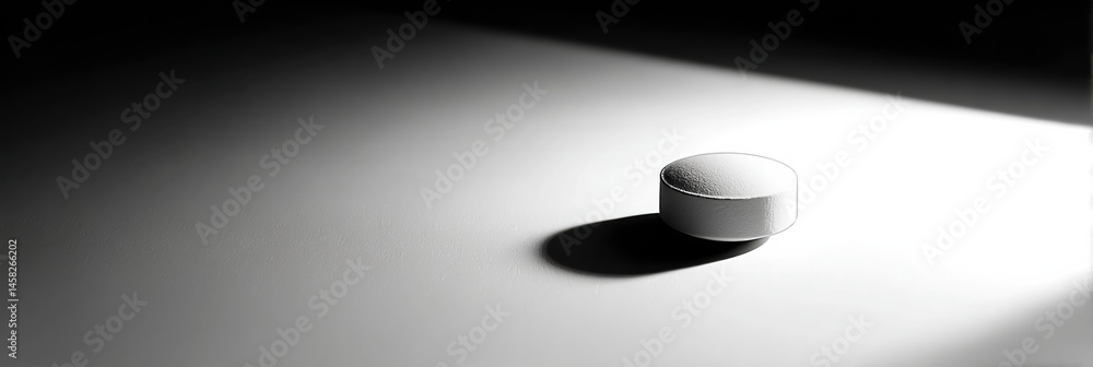 Poster Single White Pill With Dramatic Soft Shadow on a Minimalist Background Showcasing Its Texture and Form in Clear Focus Generative AI
