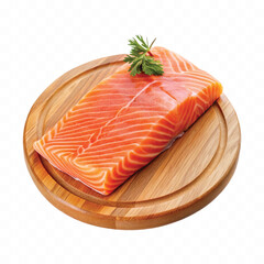 realistic slice of raw salmon on wooden board isolated white or transparent background