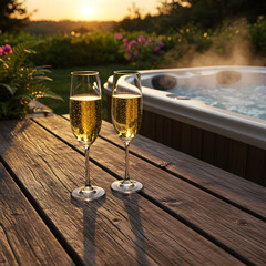 Relaxing Hot Tub Sunset: Champagne and Tranquility Await on transparent background