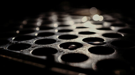 Close up view of orbitual holes on a metallic grate, with reflections in depressed light, suited for industrial purposes.