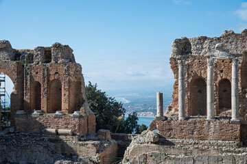 The Greek theatre of Taormina fragments, Sicily, Italy.