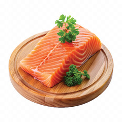 realistic slice of raw salmon on wooden board isolated white or transparent background