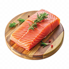 realistic slice of raw salmon on wooden board isolated white or transparent background