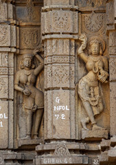 Carved sculptures of dancing women on Shri Siddheshwara Swamy Temple, Hottal, Nanded, Maharashtra, India.