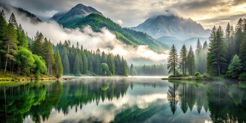 A peaceful forest with a misty atmosphere and trees in the foreground, surrounded by tall mountains and a serene lake, misty