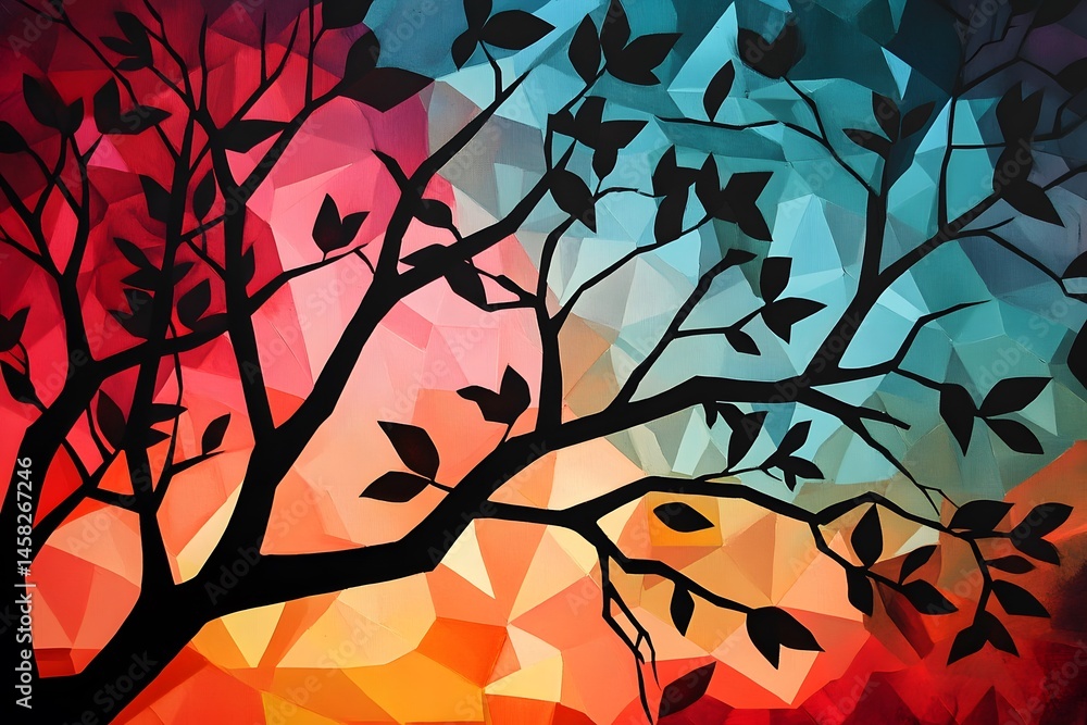 Poster silhouette tree branches against a geometric abstract colorful background design