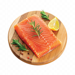 realistic slice of raw salmon on wooden board isolated white or transparent background
