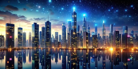 Neon-lit cityscape at dusk with skyscrapers shining brightly in the darkening sky, their reflective surfaces glinting like a thousand tiny diamonds , urban, skyscraper