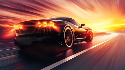 Naklejka premium Fast Car Sunset Drive: A Speeding Sports Car at Sunset